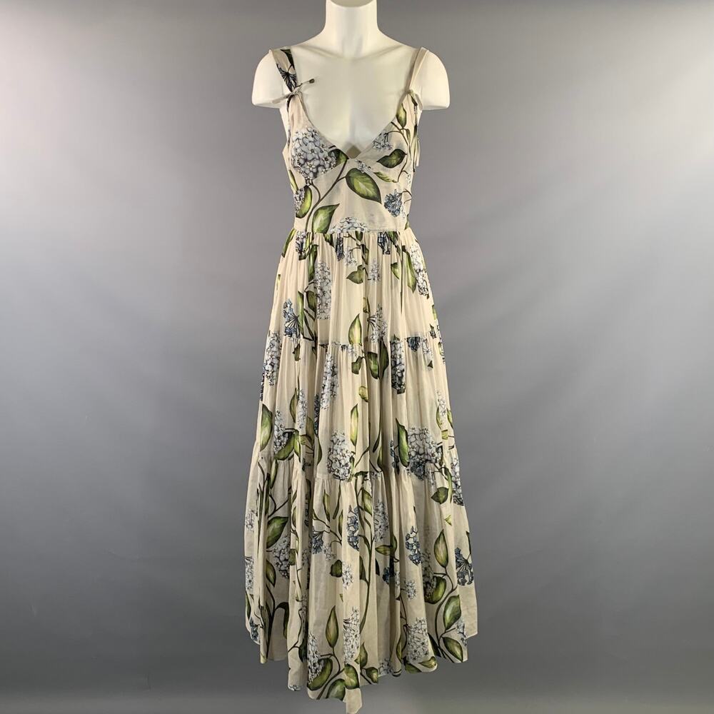 OSCAR DE LA RENTA SS2026 Size 6 Cream Green Cotton Floral V Neck Long Dress